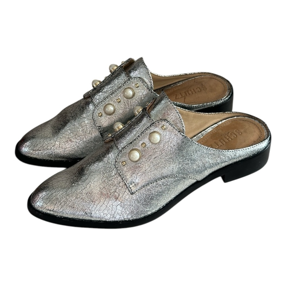 SCHUTZ Silver Loafers with Pearl Accents